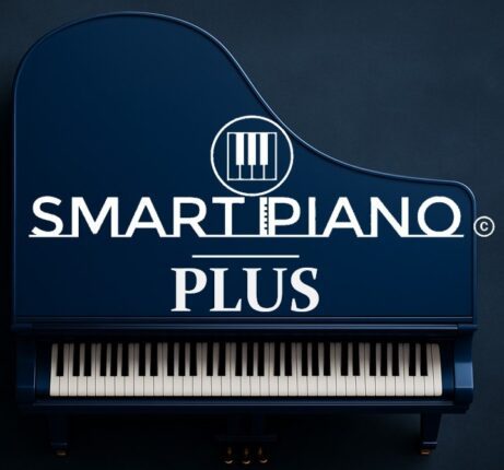 Produktová fotografia Smart Piano Plus – tmavomodrý krídlový klavír zhora s logom značky