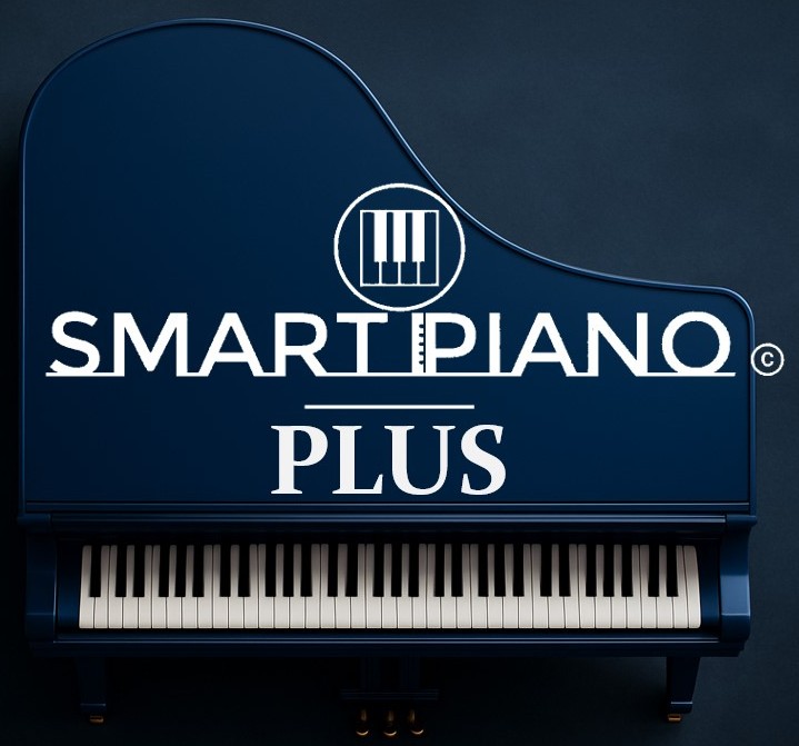 Produktová fotografia Smart Piano Plus – tmavomodrý krídlový klavír zhora s logom značky